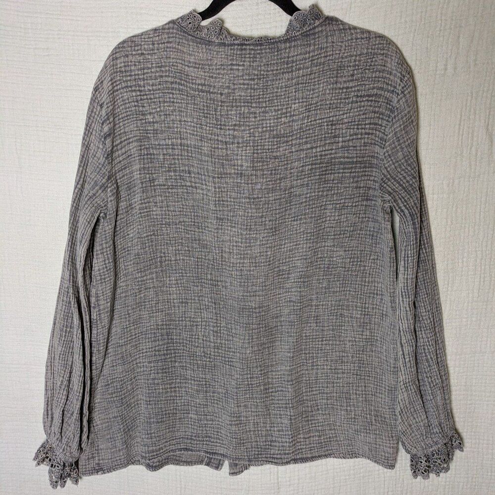Grey Gauze Waffle Button up Eyelet Lace Ruffle Long Sleeve Women's Shirt Small - Picture 9 of 11